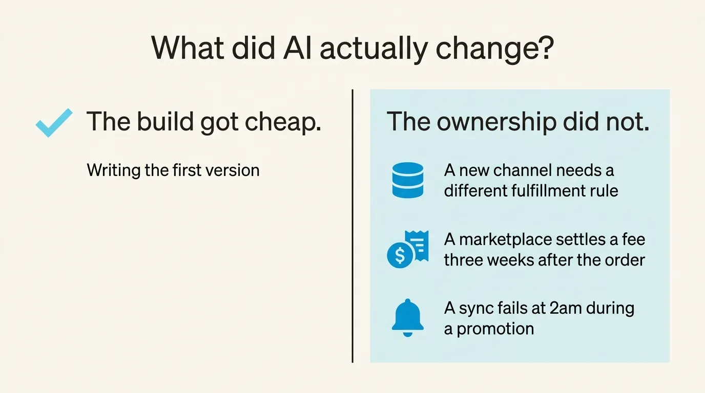 What AI changed: writing the first version got cheap, while the ownership did not, from a new channel's fulfillment rule to a fee settled three weeks late to a sync failing at 2am