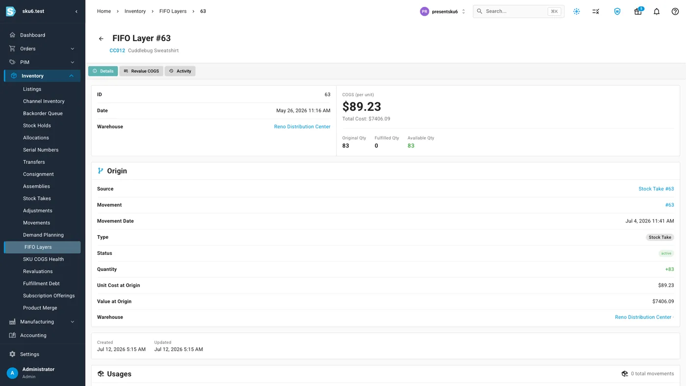 The FIFO Layer #63 detail page in sku.io showing COGS per unit of $89.23, total cost $7,406.09, and an Origin panel listing Source Stock Take #63, Movement #63, type Stock Take, quantity +83, unit cost at origin $89.23 and warehouse Reno Distribution Center