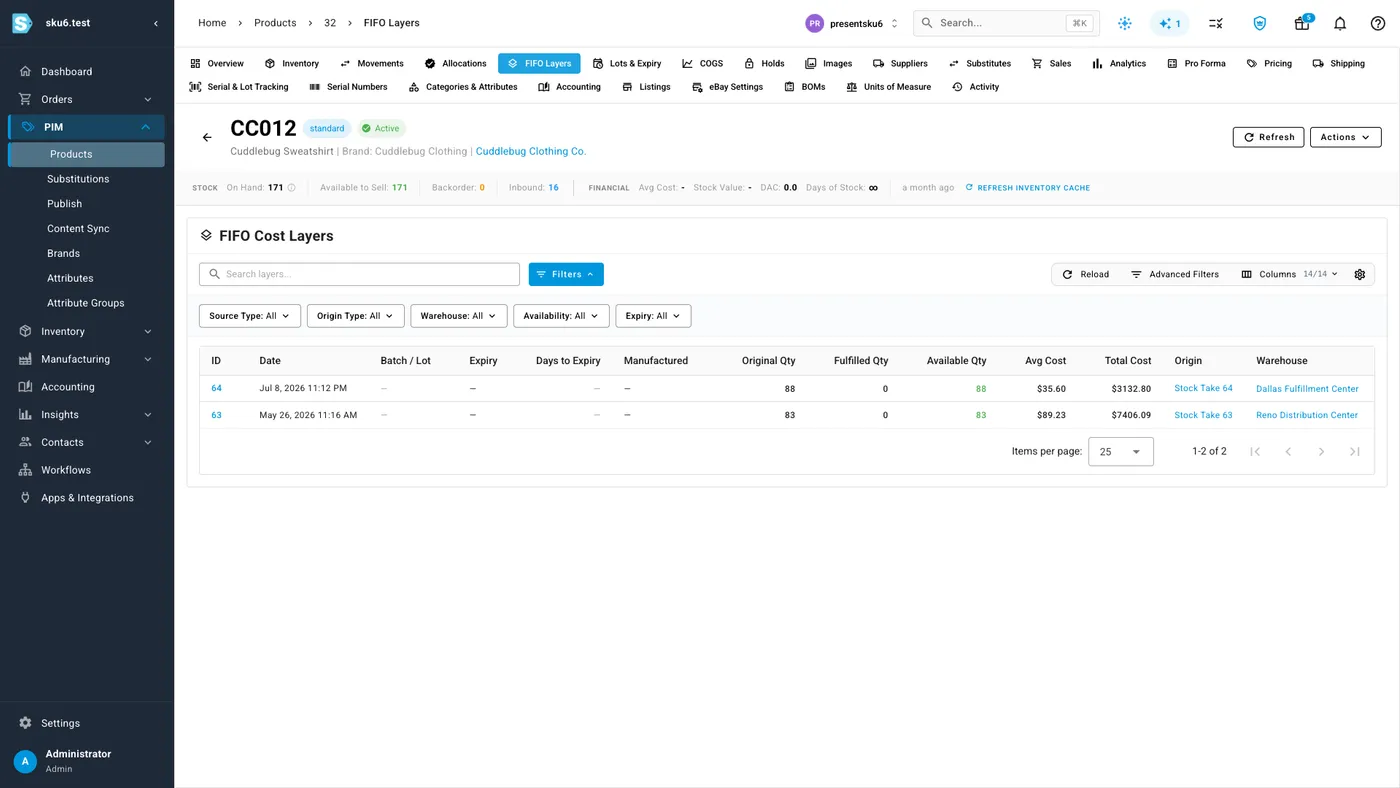 The FIFO Cost Layers tab of product CC012 in sku.io, with On Hand 171 in the header and two layer rows: 88 units at $35.60 average cost from Stock Take 64 in Dallas Fulfillment Center, and 83 units at $89.23 from Stock Take 63 in Reno Distribution Center