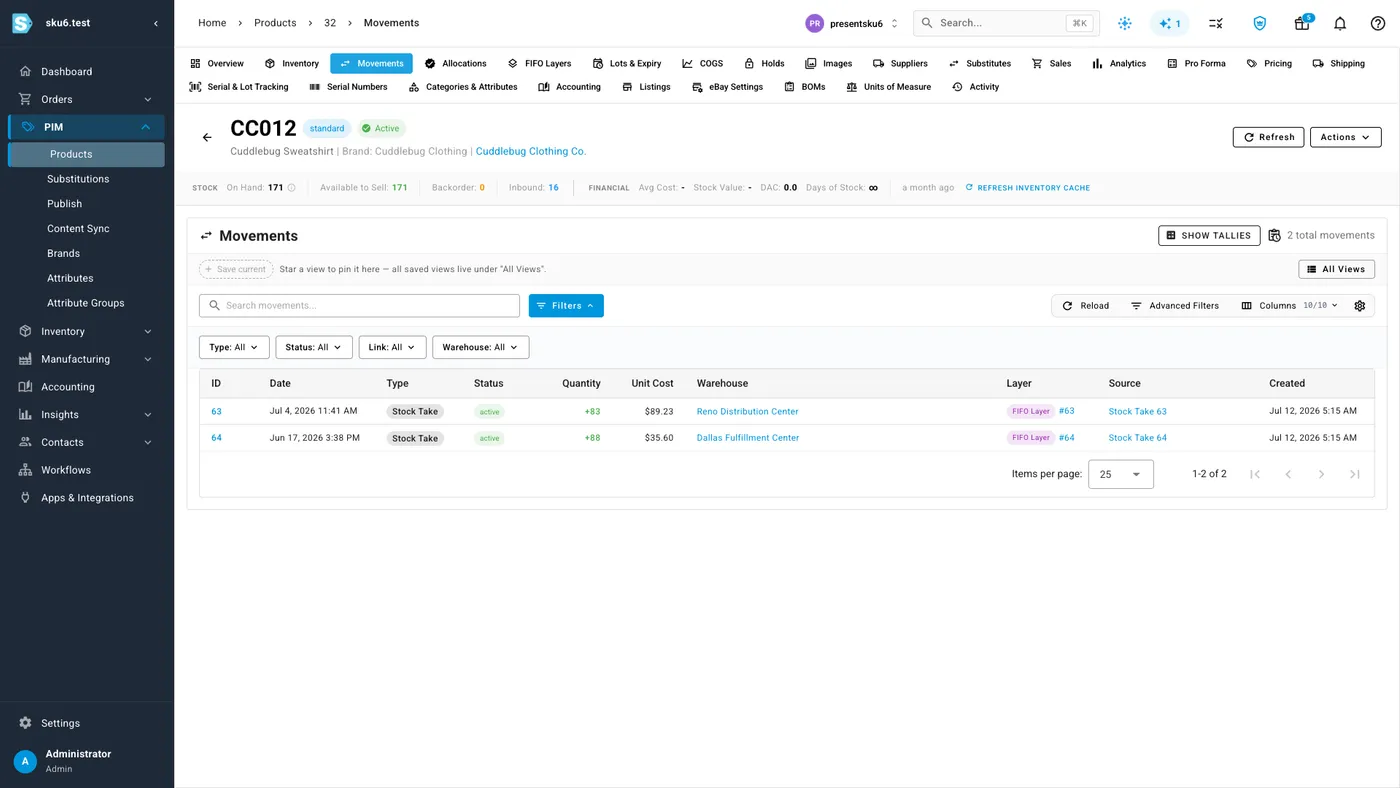 The Movements tab of product CC012 in sku.io, listing two stock take movements: +83 at $89.23 into Reno Distribution Center linked to FIFO Layer #63, and +88 at $35.60 into Dallas Fulfillment Center linked to FIFO Layer #64