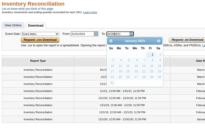 Amazon Seller Central's Inventory Reconciliation report screen: the January 2021 date picker greys out every day except the 1st, so no end-of-month date can be chosen.