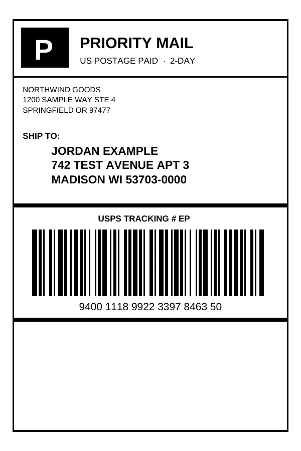 The same label on its own 4x6 page, upright and full size