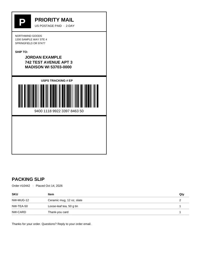 A letter-size page with a USPS Priority Mail label in the top left and a packing slip below it