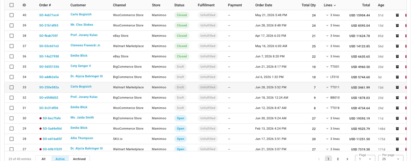 The sku.io Sales Orders table: rows for orders from WooCommerce, eBay, Walmart Marketplace, BigCommerce and SKU.io, each with a status and fulfillment state