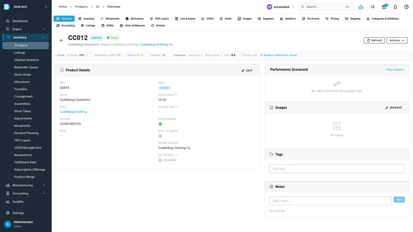 The product page — inventory, costing, listings, and history in one place