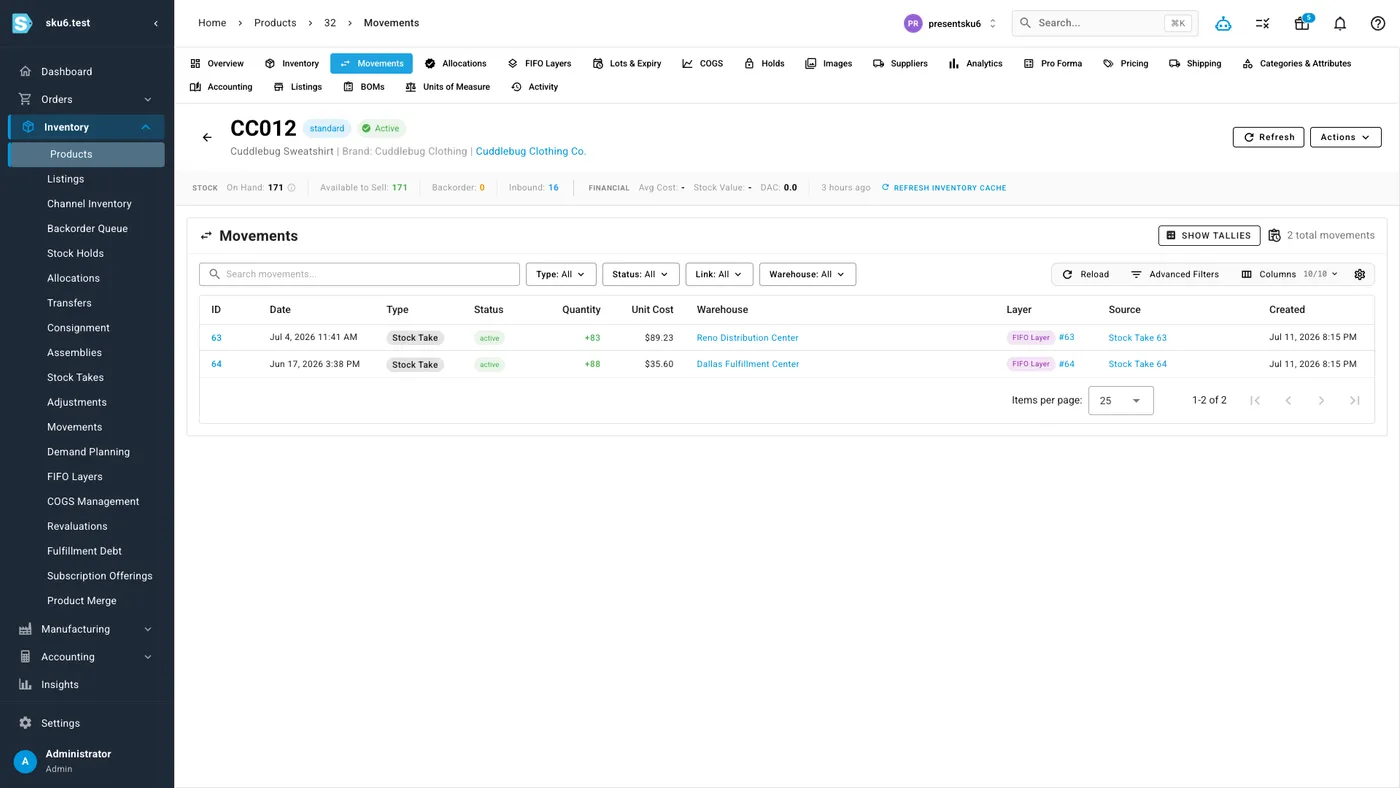 The Movements tab of a product record in sku.io, listing each stock movement with type, quantity, unit cost, warehouse and the FIFO layer it created