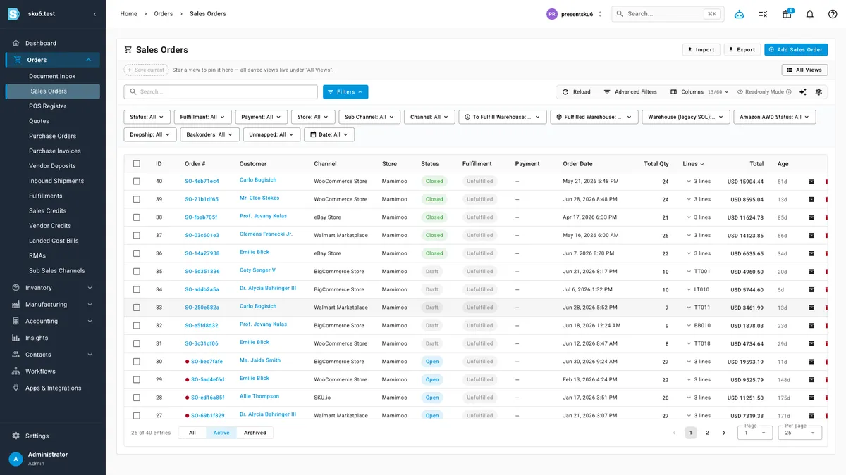 Sell direct and wholesale from the same ledger — the real SKU.io interface
