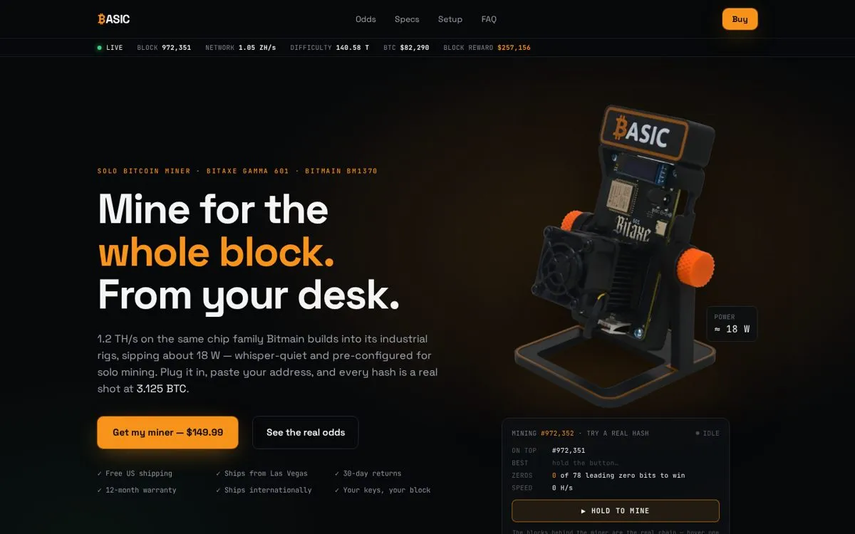 The basicsolominer.com store: a dark single-page layout selling one bitcoin mining device
