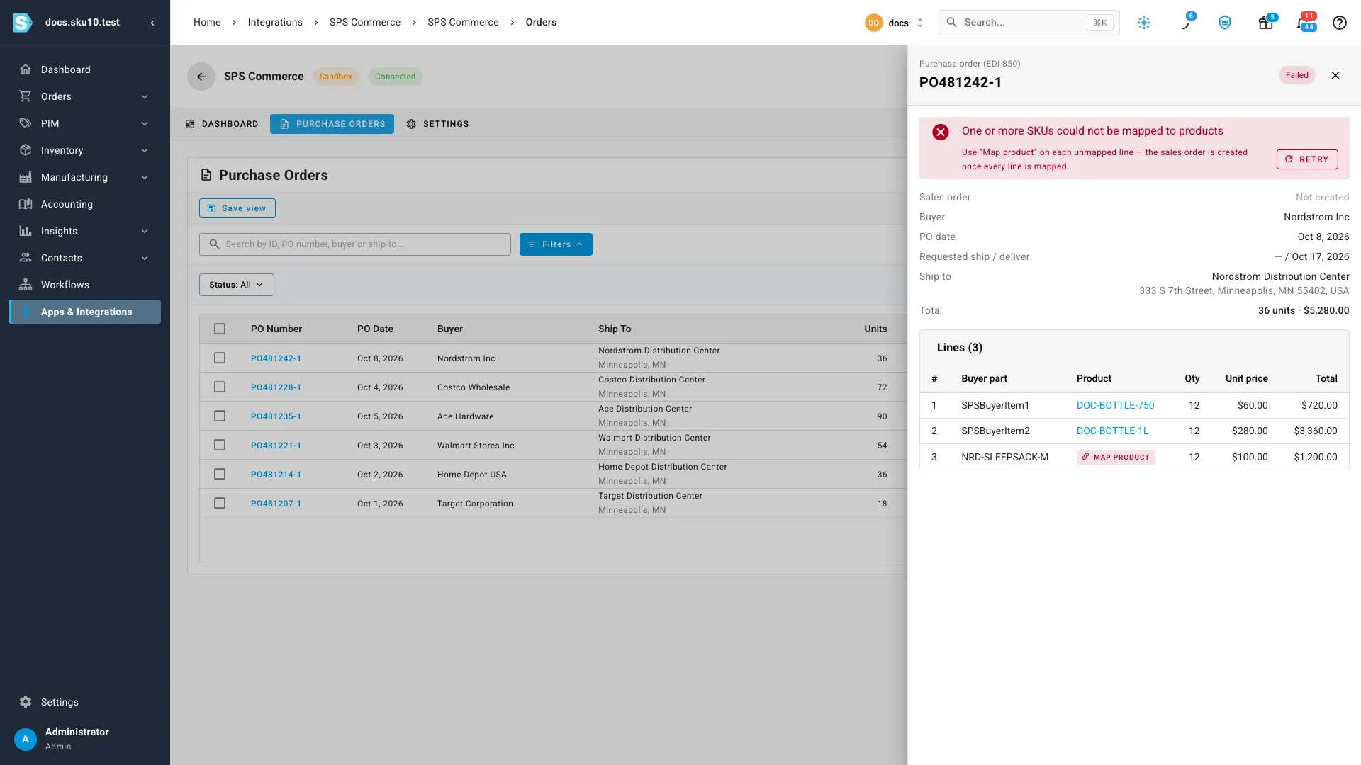 An SPS Commerce purchase order in SKU.io with one line the system could not match, showing a Map product button. Sandbox account with SPS test data