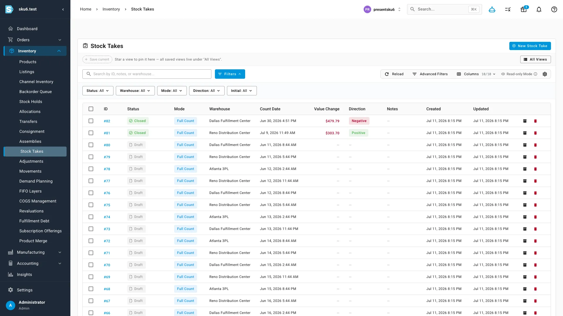 Stock takes in SKU.io: a list of counts by warehouse showing mode, count date, status, the value change each one produced and its direction