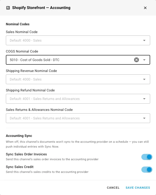 A channel's accounting settings in our docs demo account: the channel's own cost of goods sold account, and the two switches, Sync Sales Order Invoices and Sync Sales Credit, that decide whether its invoices and credits are sent to the accounting provider at all
