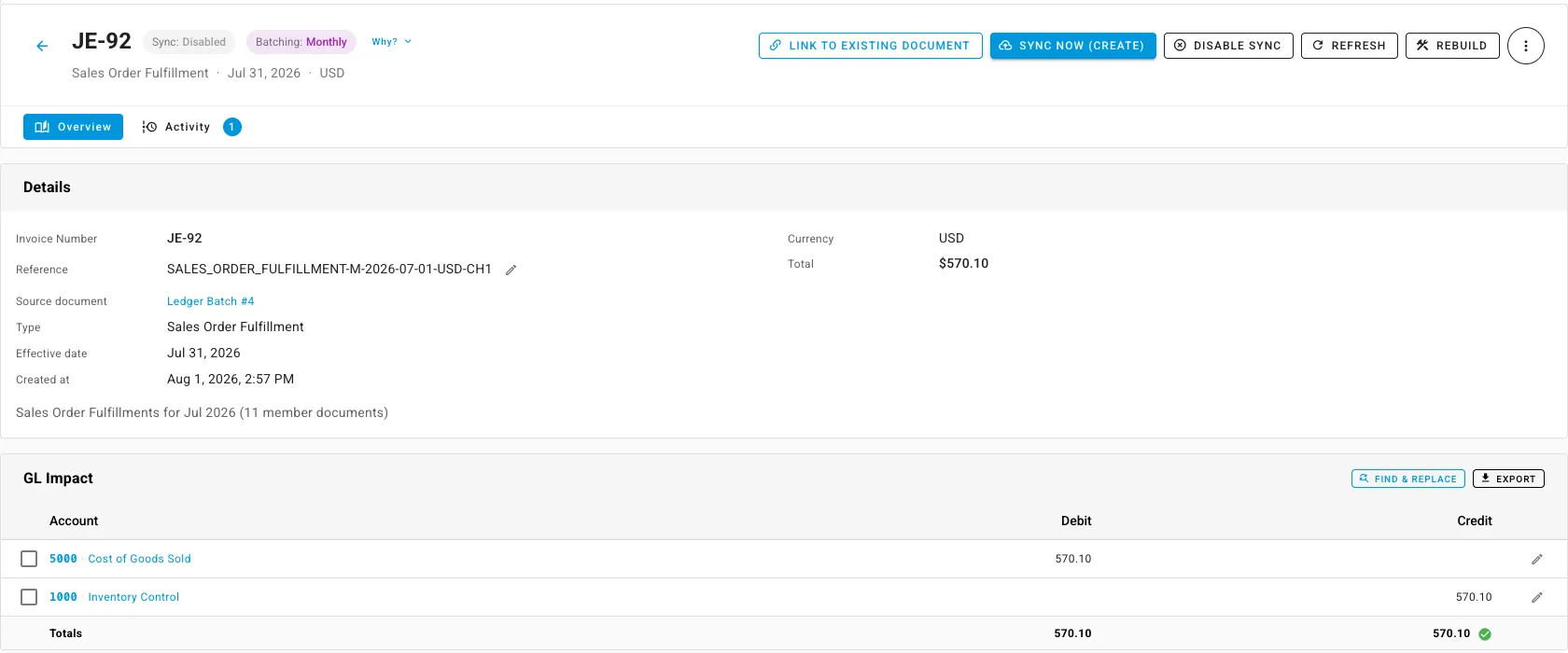 One month of one channel's shipments in our docs demo account: 11 fulfillments rolled into one journal entry, debit 5000 Cost of Goods Sold 570.10 and credit 1000 Inventory Control 570.10, with the reference ending in the channel marker CH1