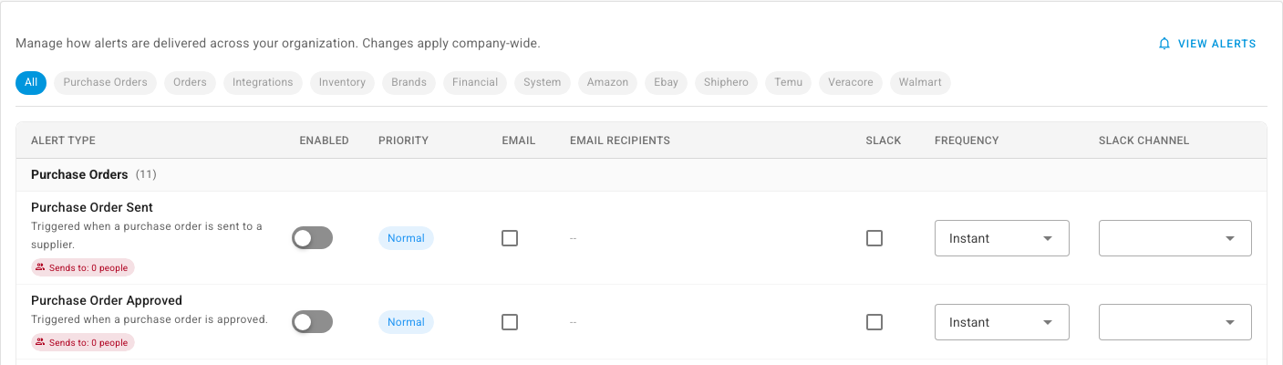 Alert Preferences, with category chips and one row per alert