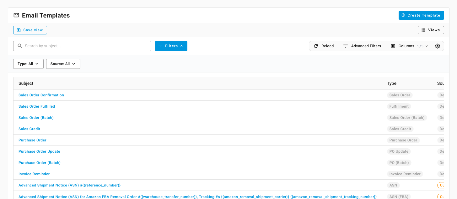 The Email Templates list, with the built-in templates and the Create Template button