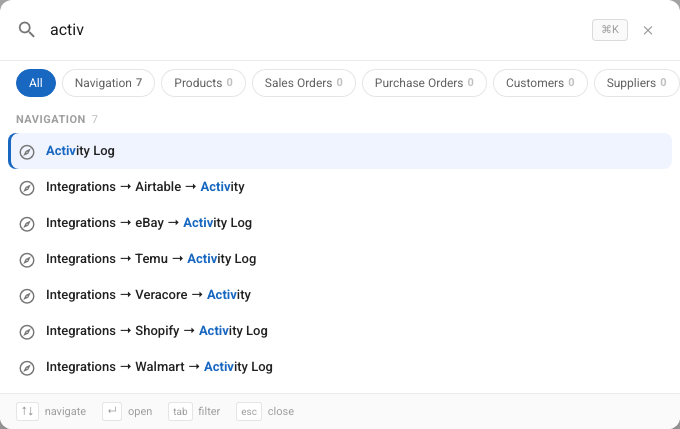 Search results for activity, with Activity Log as the first result