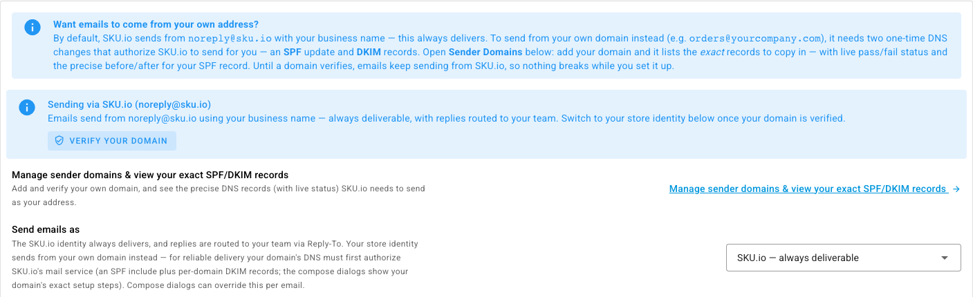 Outbound Email, showing emails currently sending through SKU.io