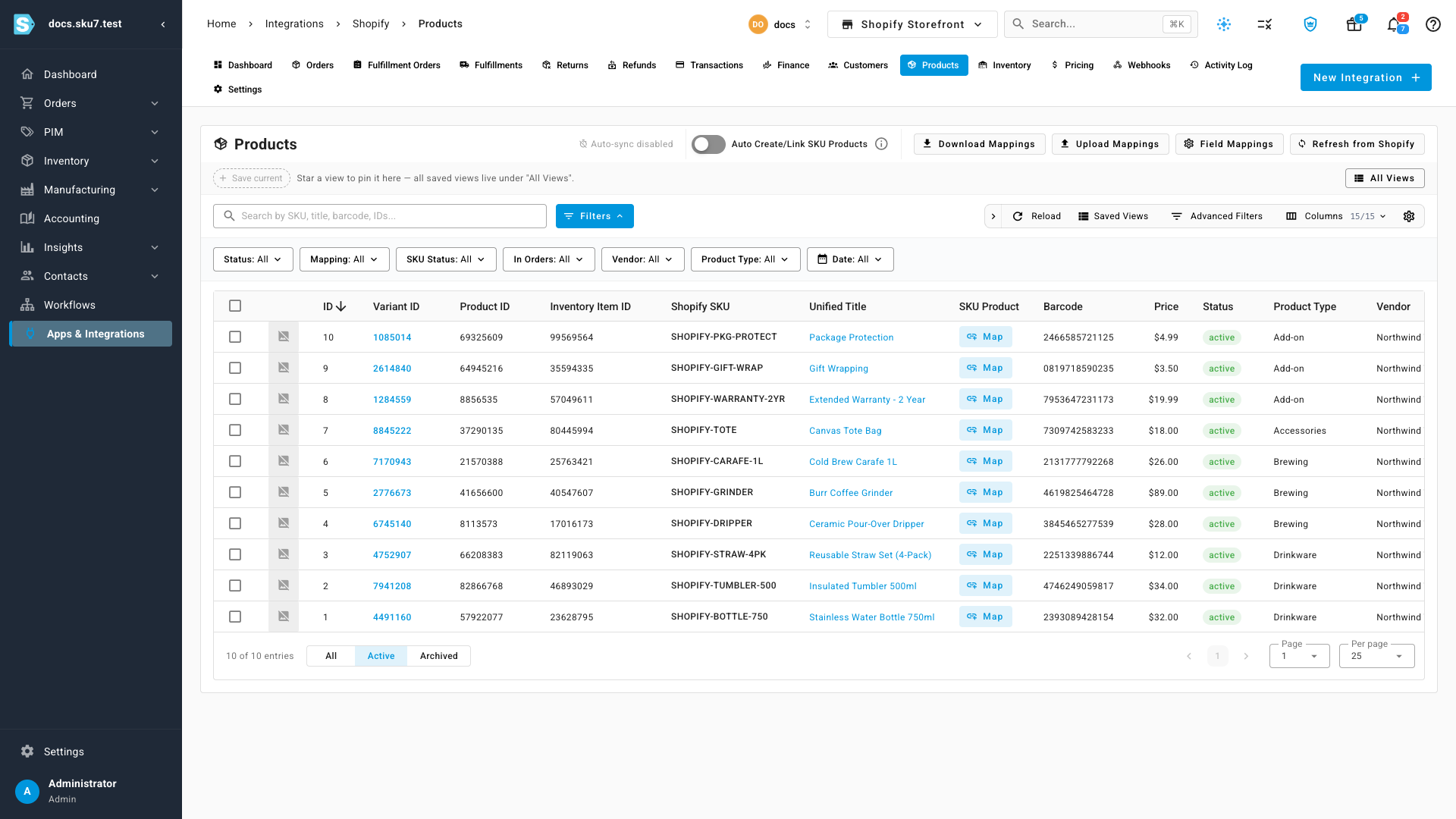 The channel's product list, showing unmapped products with a Map button in the SKU Product column