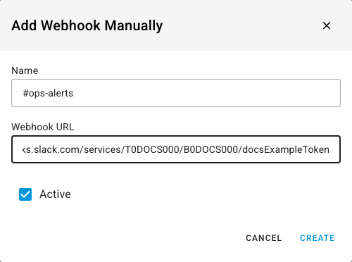 The Add Webhook Manually dialog with a name and webhook URL filled in