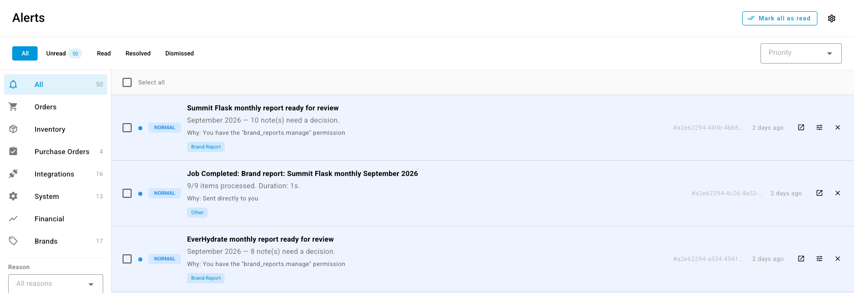 The Alerts page, with status tabs, categories on the left, and the alert list