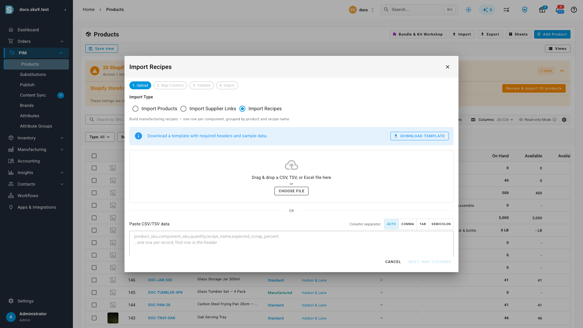 The Import Recipes step of the import wizard