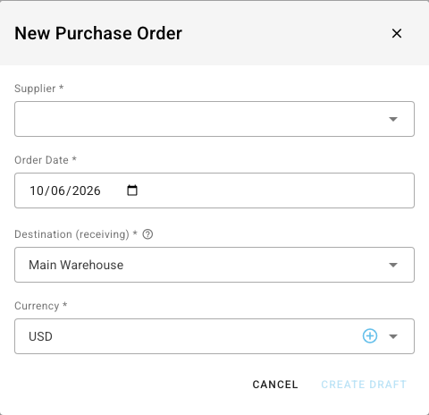 The New Purchase Order dialog, with the Currency box
