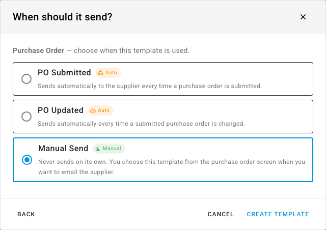 When should it send?, with PO Submitted and PO Updated marked Auto and Manual Send marked Manual