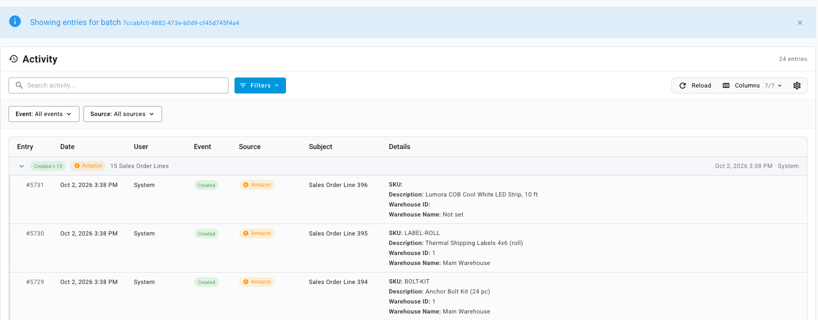 A batch row expanded to show each sales order line it created
