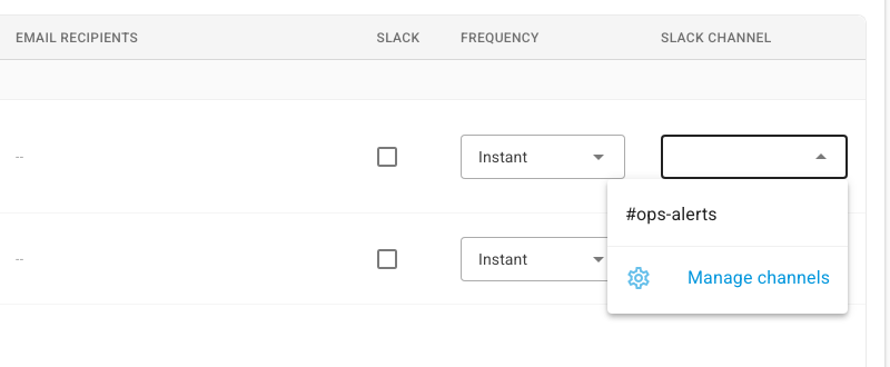 The Slack Channel menu on an alert, listing the connected channel and Manage channels