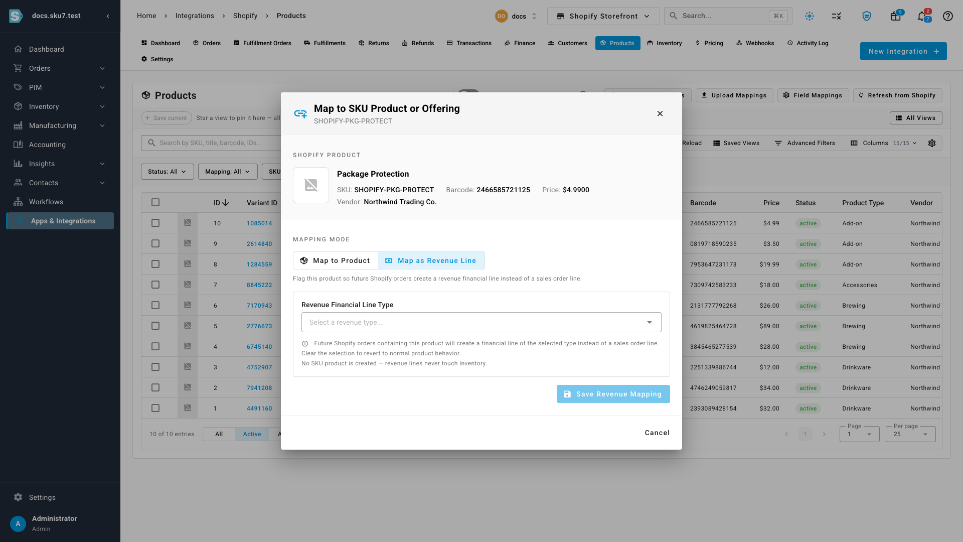 The mapping window in Map as Revenue Line mode