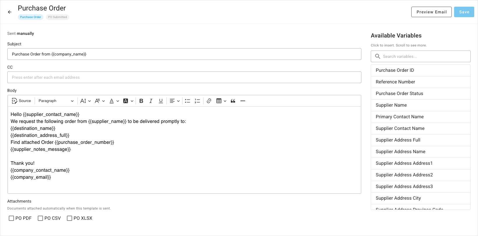 The template editor, with the subject, CC, body, attachments, and the variables list