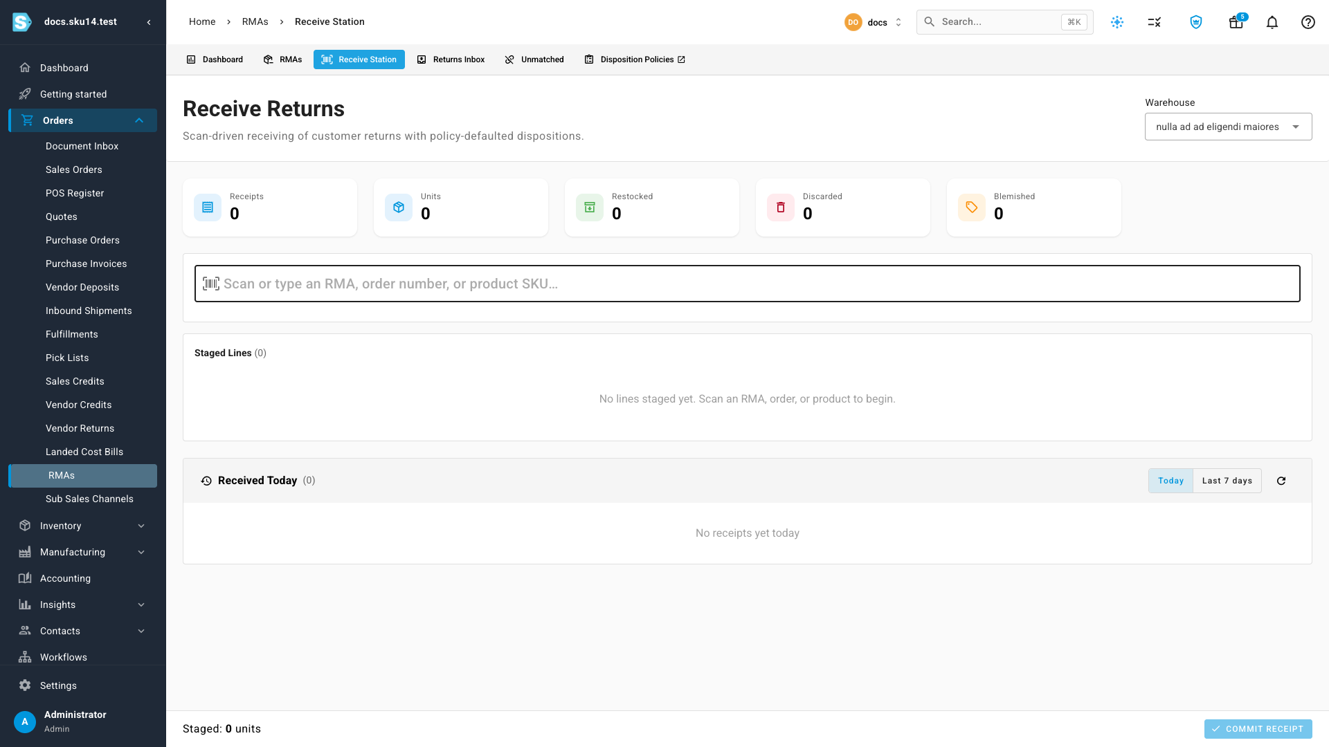 Receive Station with no lines staged — warehouse selector, session KPIs, and the scan field