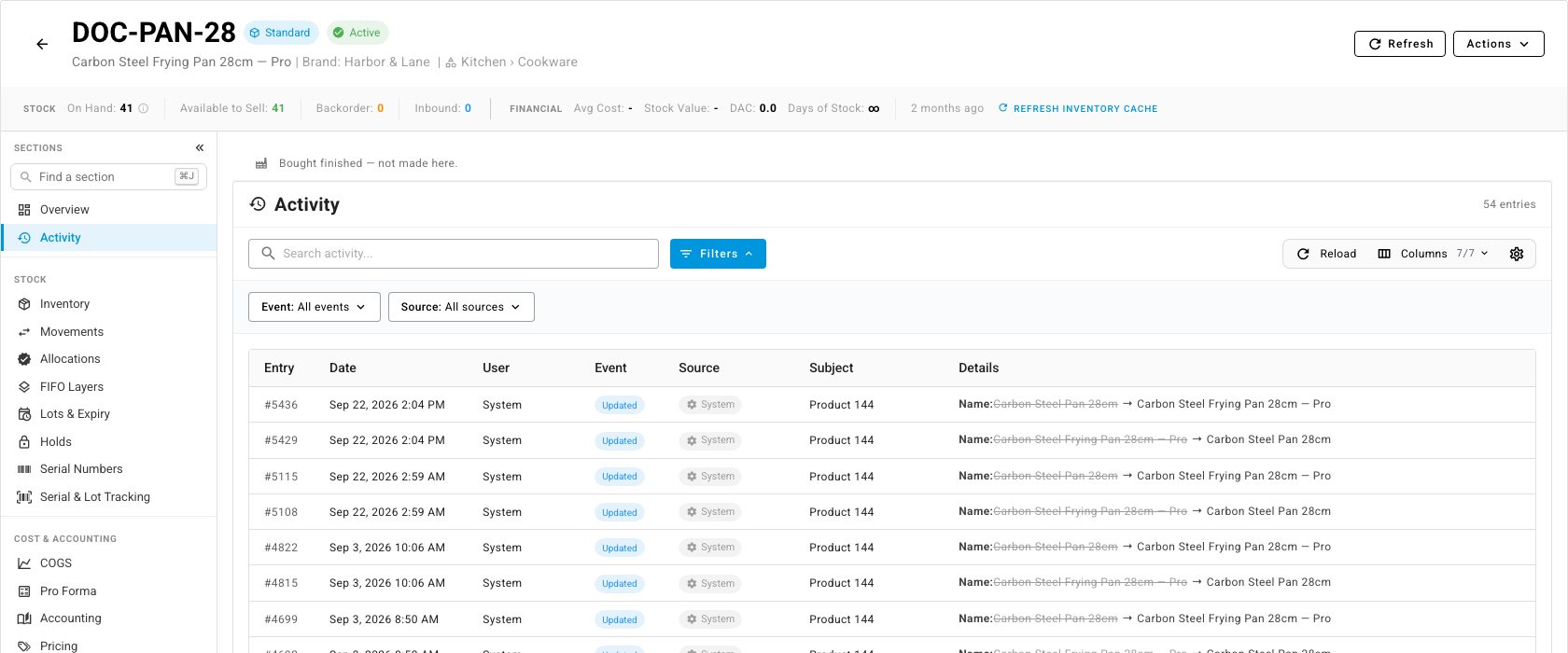 The Activity tab on a product, showing each change to its name