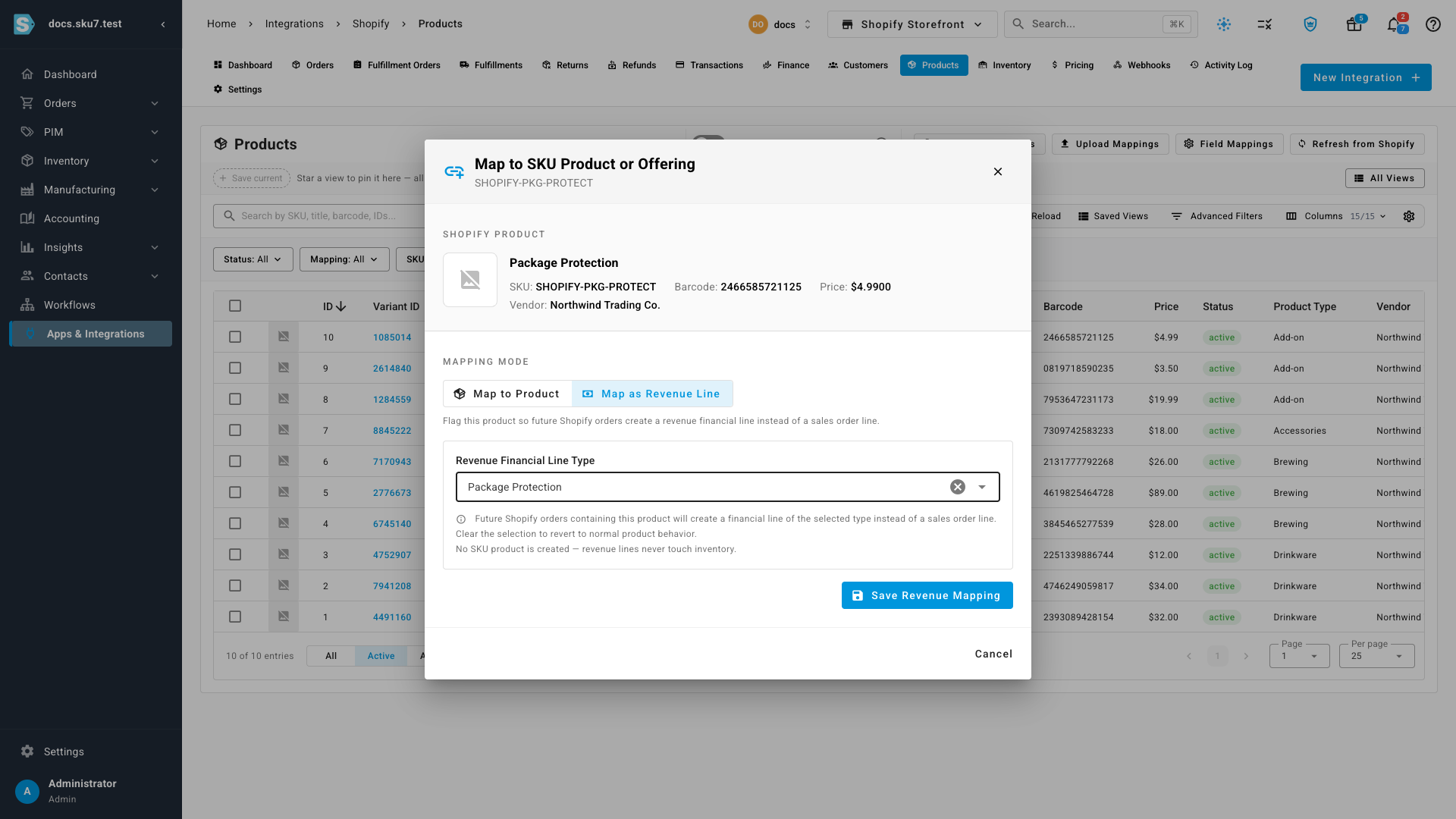 The revenue type picker open, listing the available revenue line types