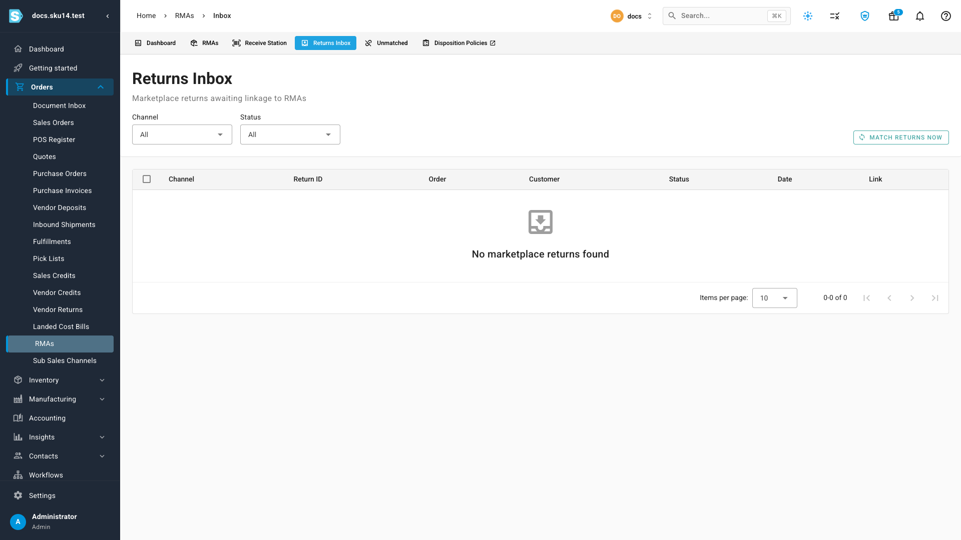 Returns Inbox with Channel and Status filters and the Match Returns Now button