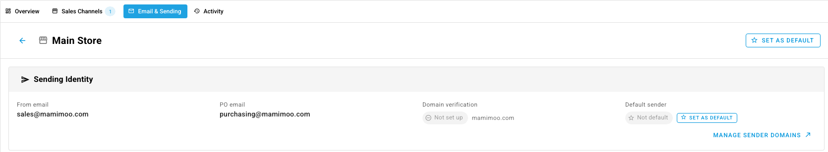 A store's Email & Sending tab, with its sending identity