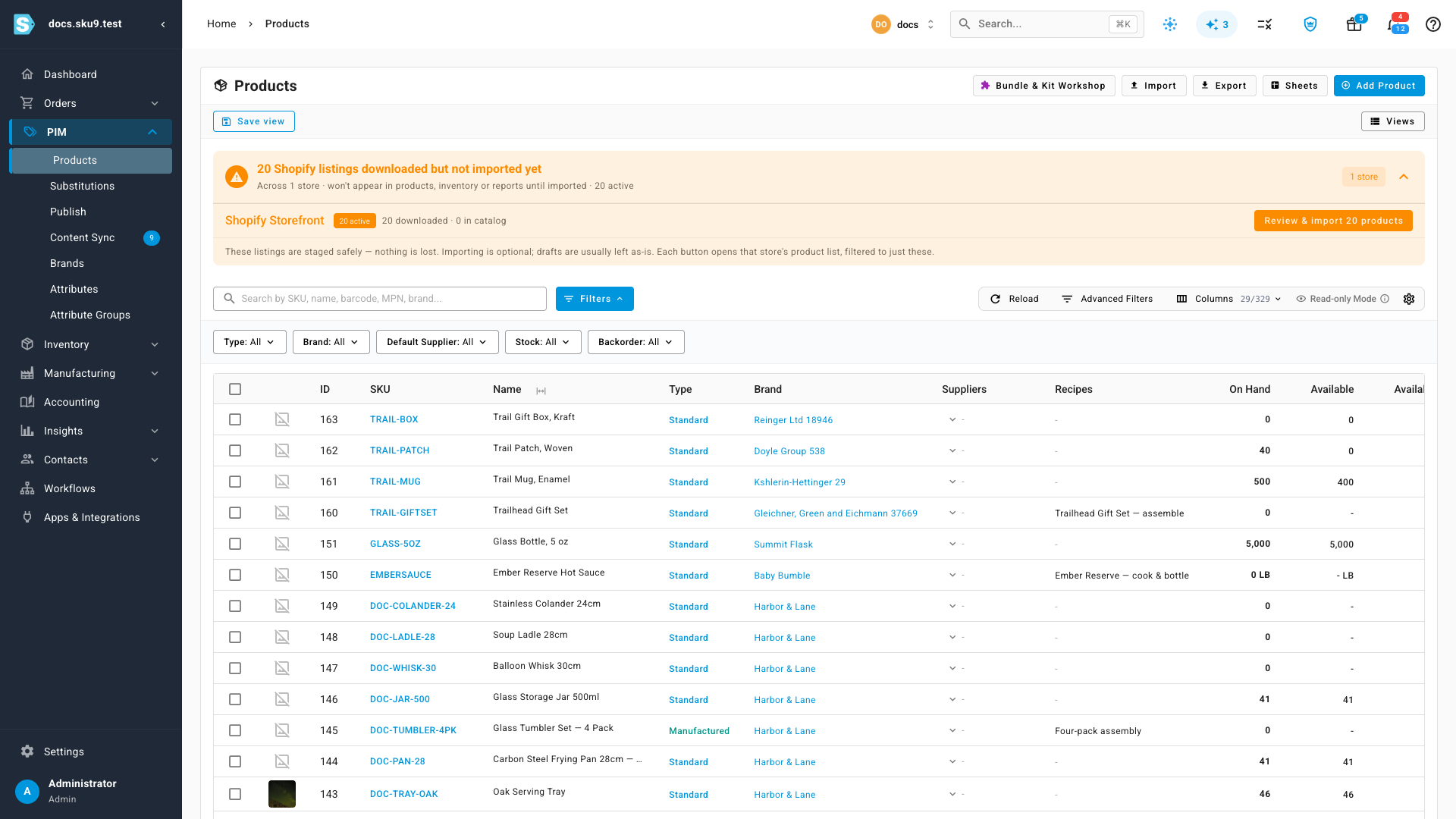 The Recipes column on the products list