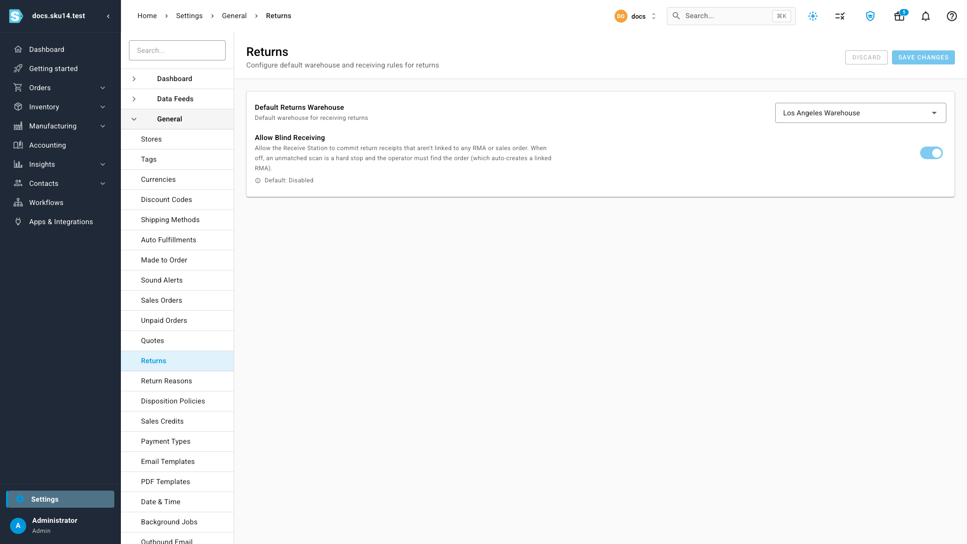Settings → General → Returns: the Default Returns Warehouse select and the Allow Blind Receiving toggle
