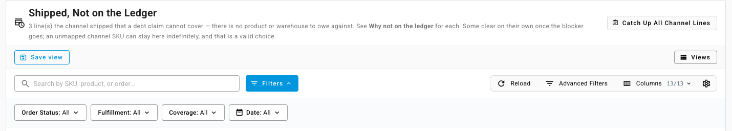 The Shipped, Not on the Ledger section header, its Catch Up All Channel Lines button and its four filters