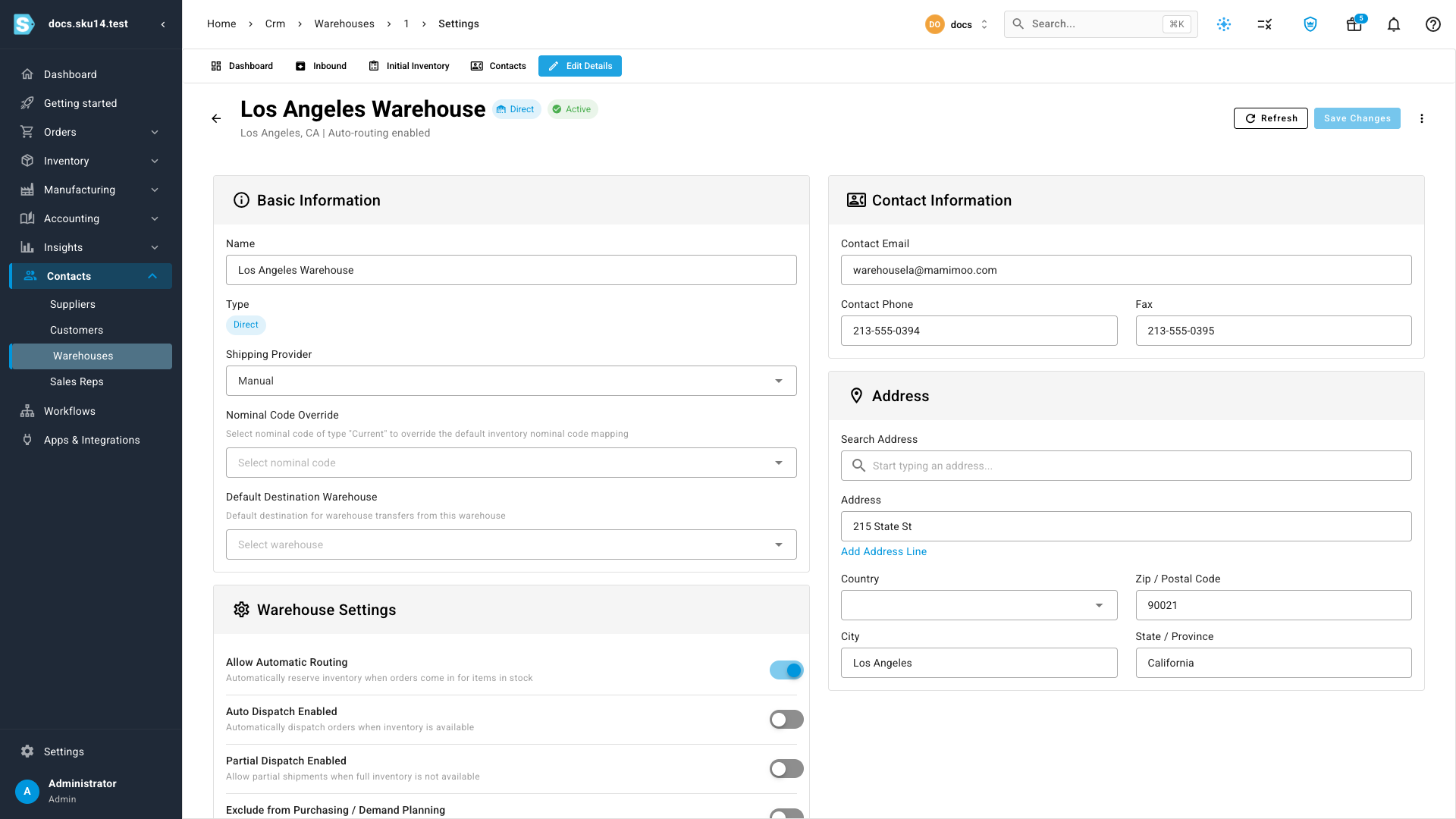 Warehouse Settings, with the Exclude from Purchasing / Demand Planning toggle at the bottom
