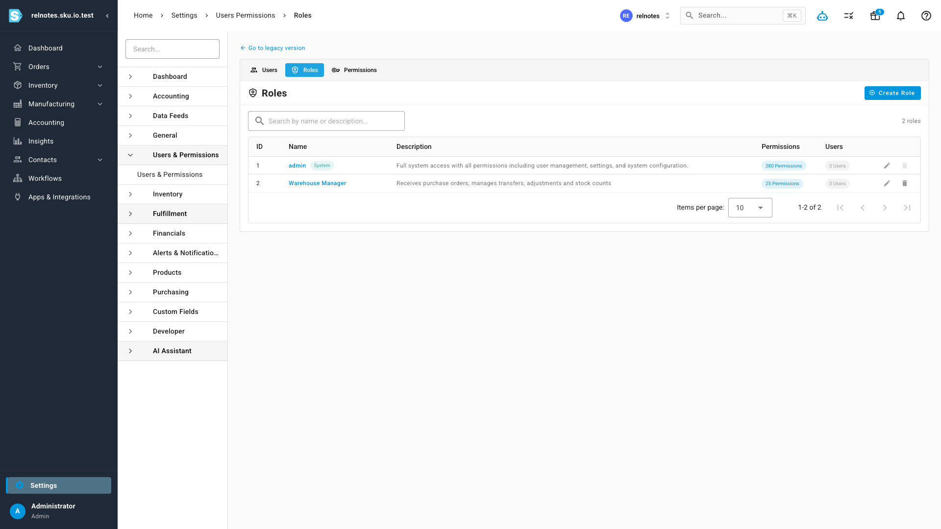The Roles list showing the protected admin role and a custom Warehouse Manager role