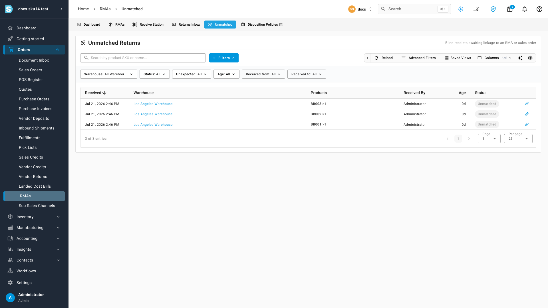 Unmatched Returns report listing three blind receipts, each with an "Unmatched" status chip and a link action