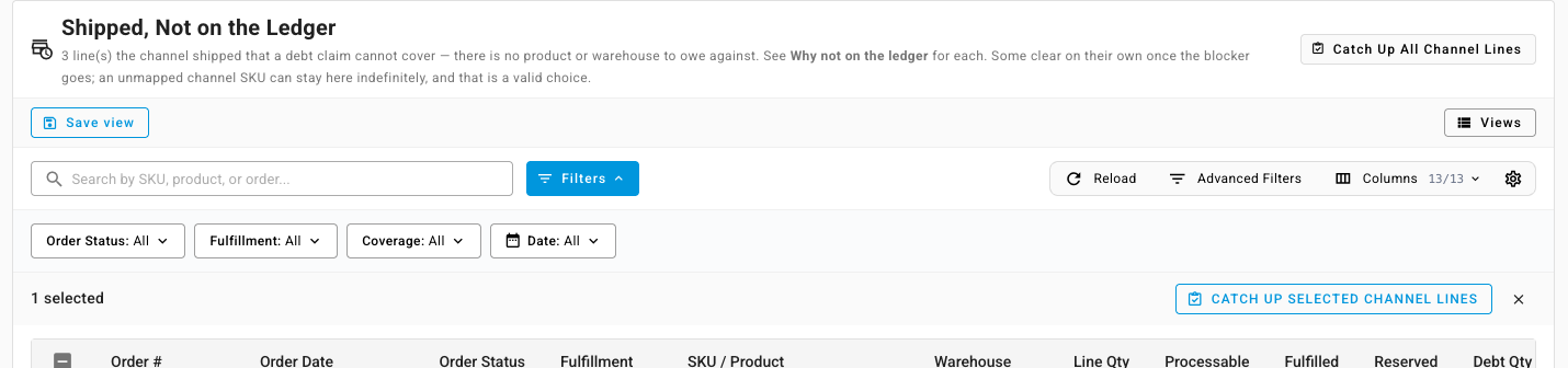 The Shipped, Not on the Ledger section with one line ticked and Catch Up Selected Channel Lines available