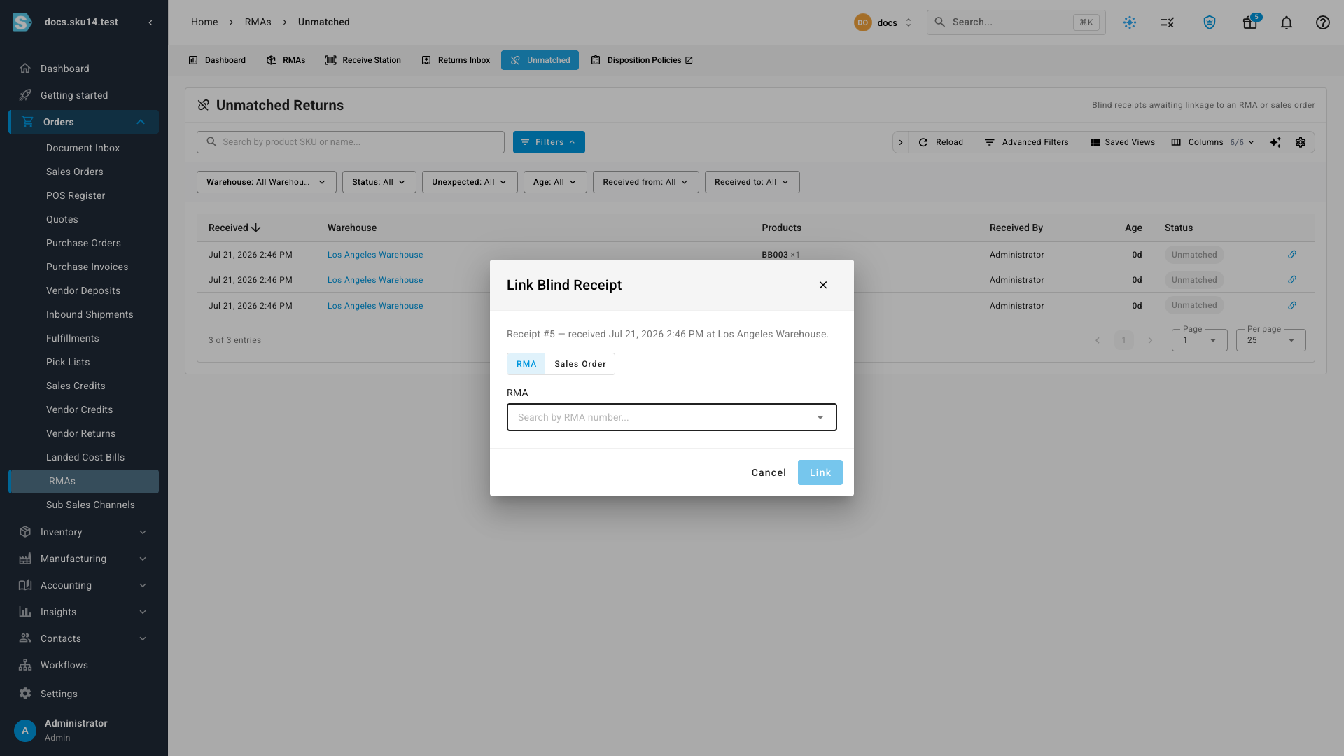 Link Blind Receipt dialog with an RMA / Sales Order toggle and a "Search by RMA number" field