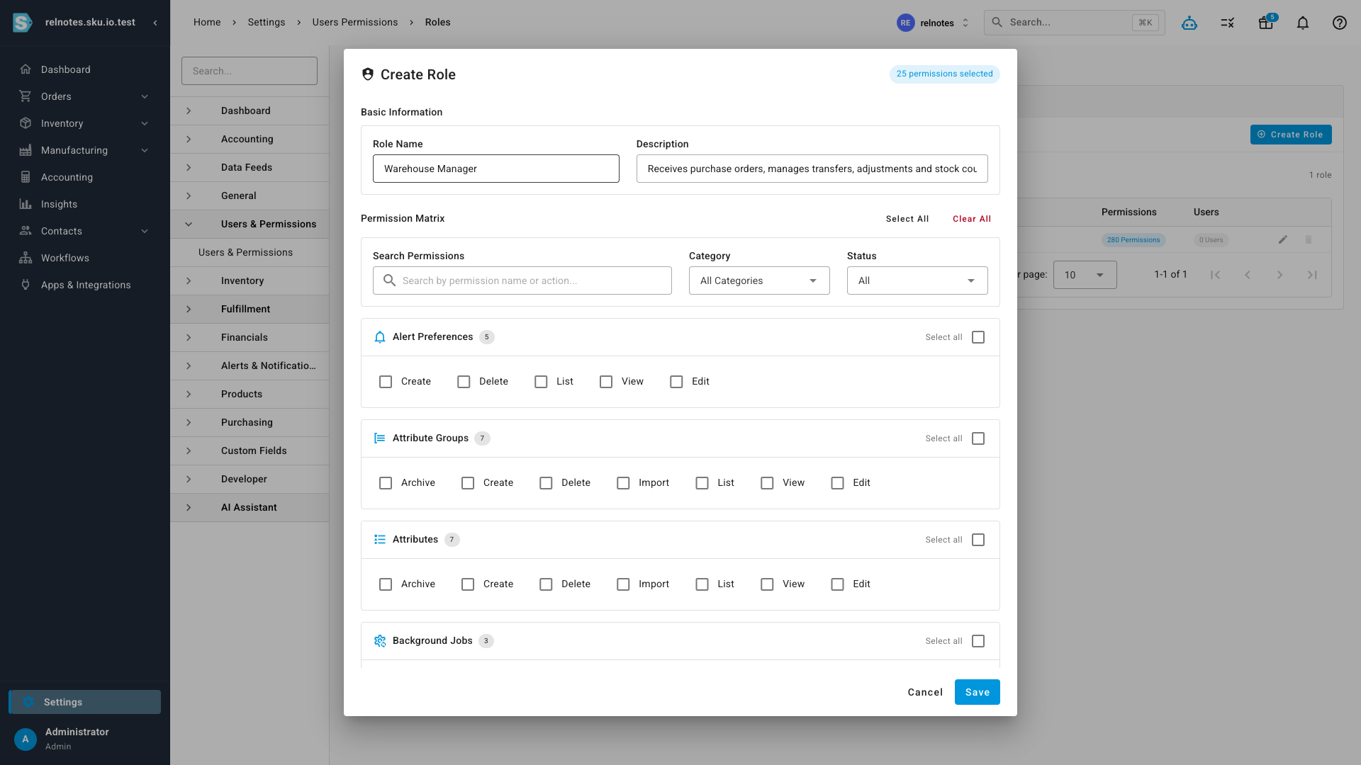 The Create Role dialog with the searchable permission matrix and a live count of selected permissions