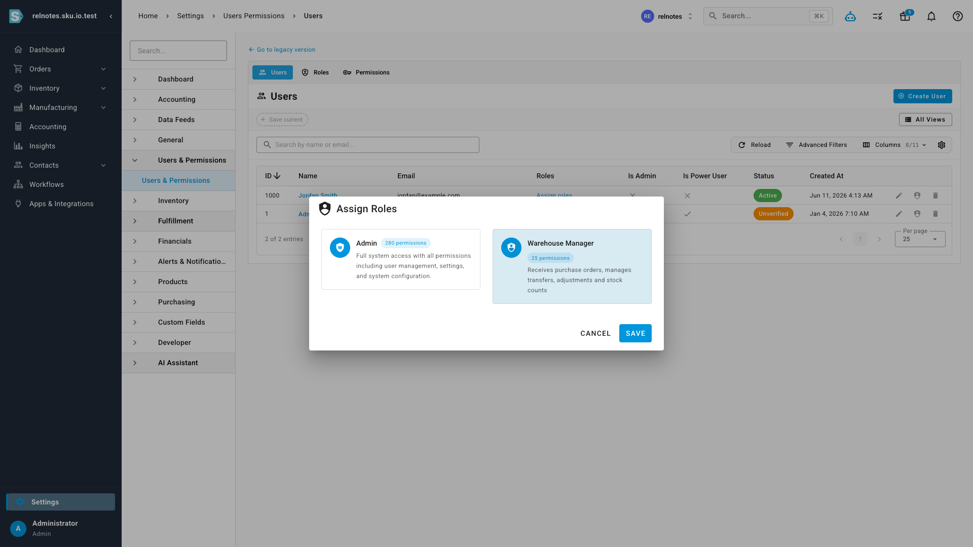 The Assign Roles dialog showing selectable role cards with permission counts
