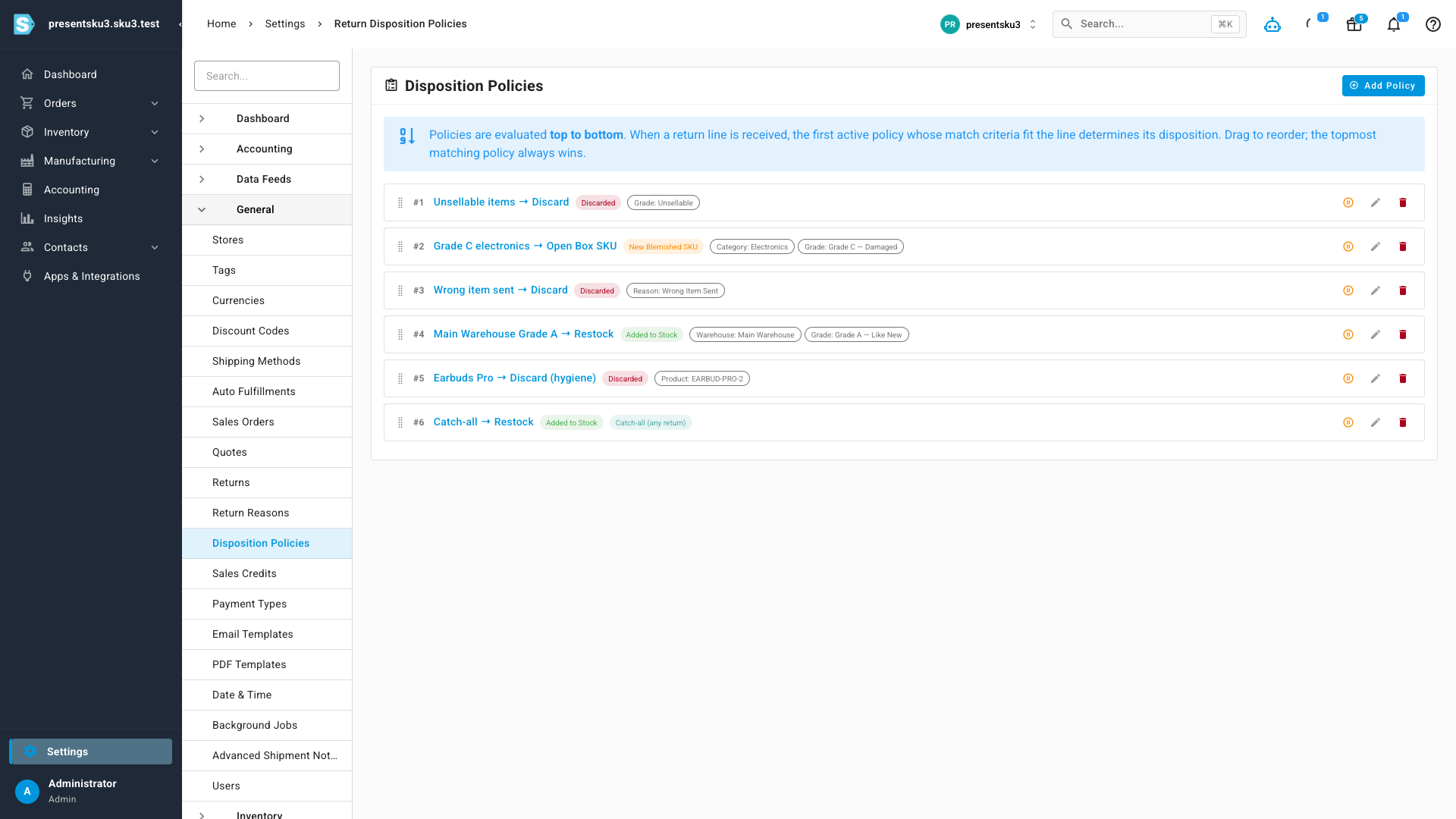 The Disposition Policies settings page showing an ordered list of return rules