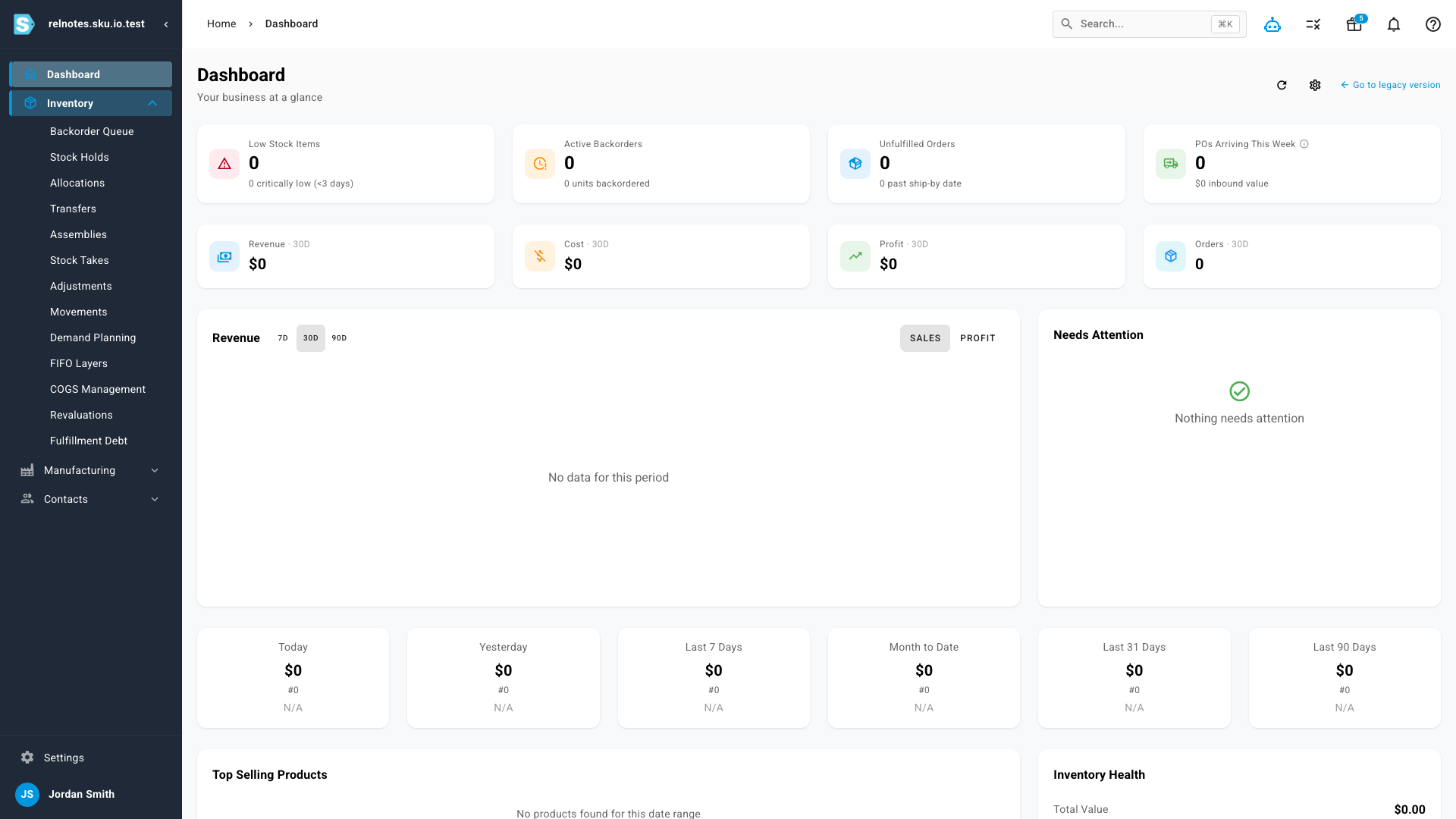 A limited user's navigation showing only the menu sections their role permits