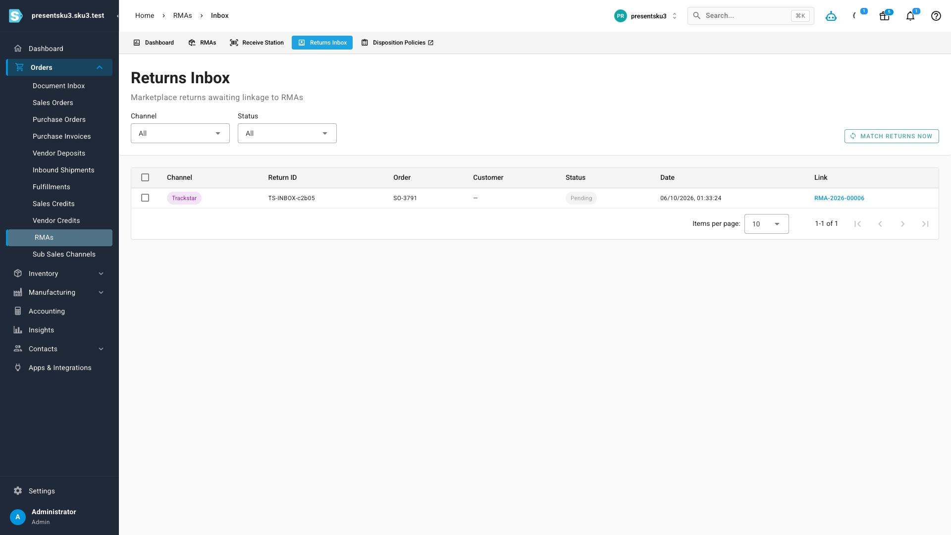 The Returns Inbox listing a marketplace return matched to an order