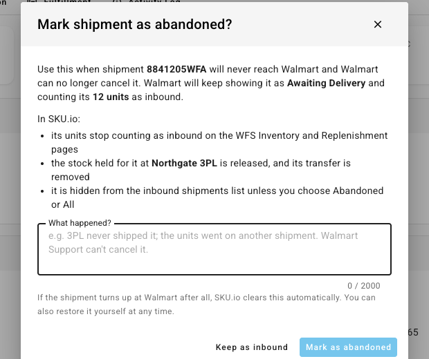 The Mark shipment as abandoned dialog