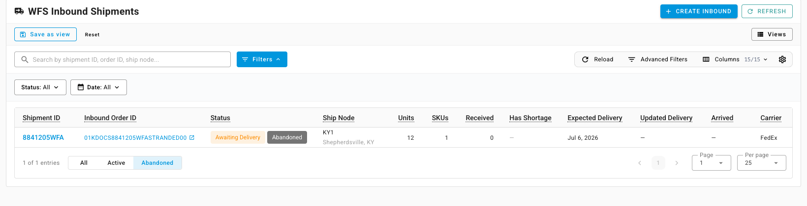 The Abandoned choice at the bottom of the inbound shipments list